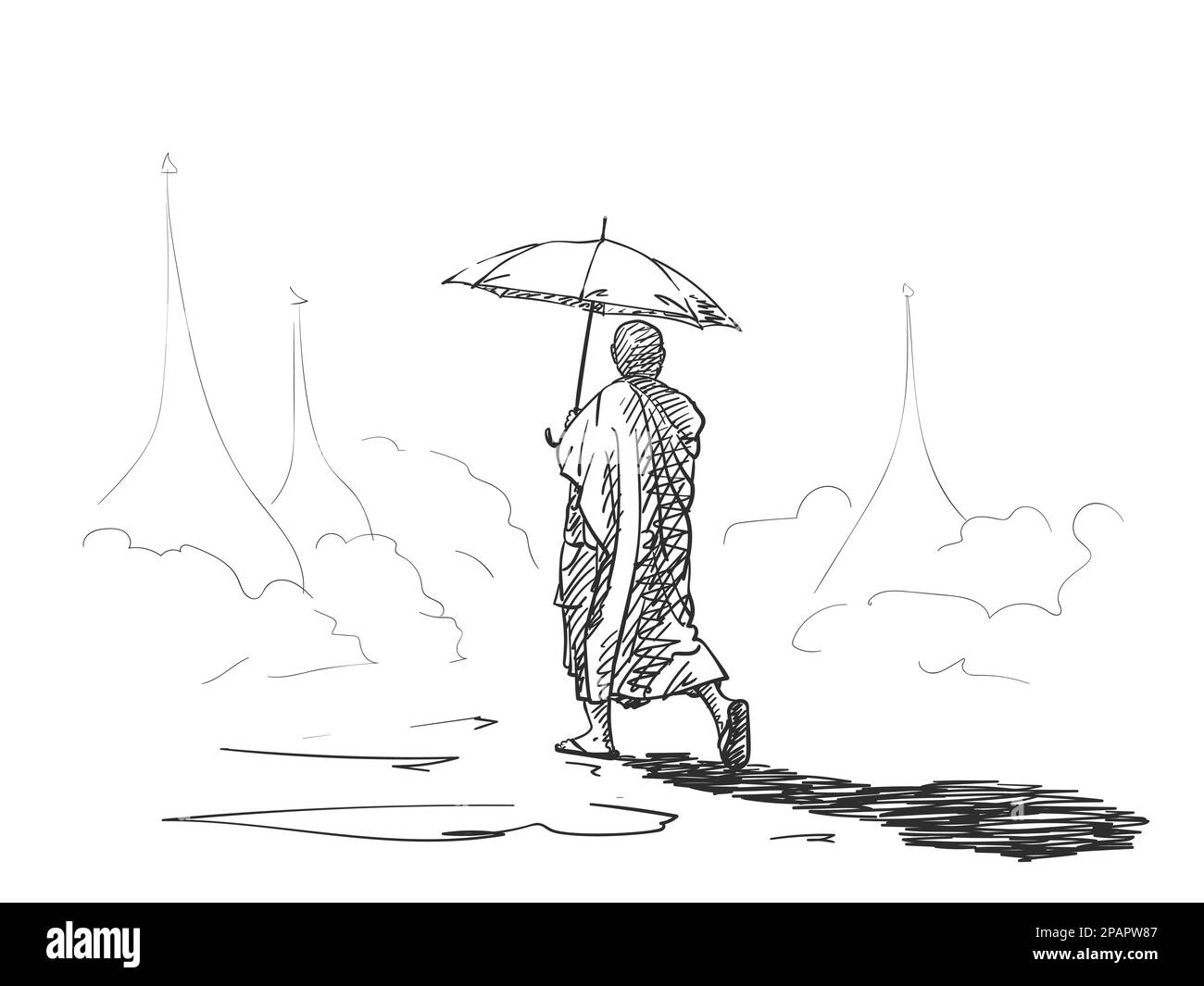 Croquis de moine bouddhiste avec parapluie marchant parmi une pagode, dessin à la main illustration vectorielle Illustration de Vecteur