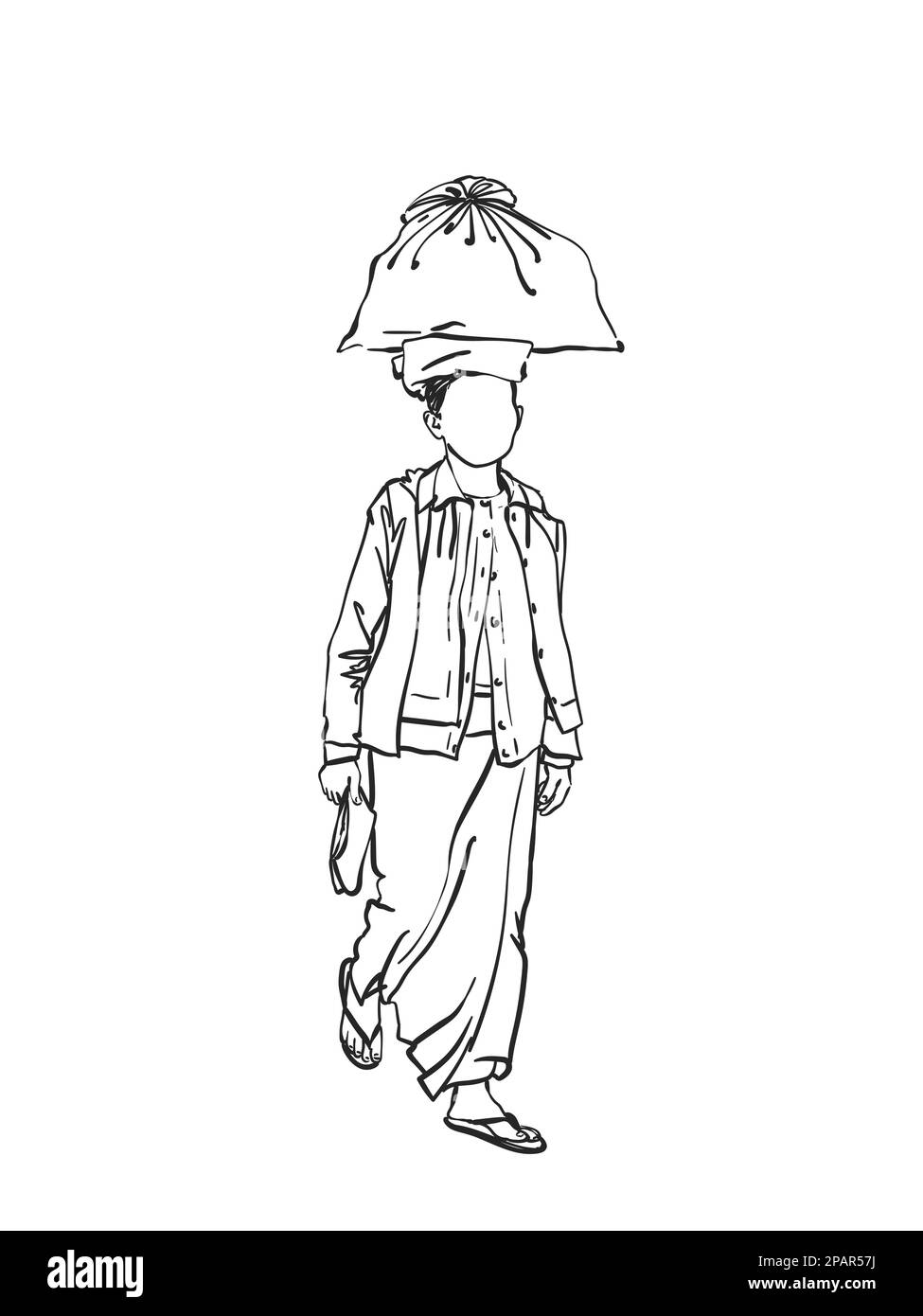 Une femme birmane sans visage porte un grand sac sur sa tête, un croquis vectoriel, une illustration linéaire dessinée à la main Illustration de Vecteur