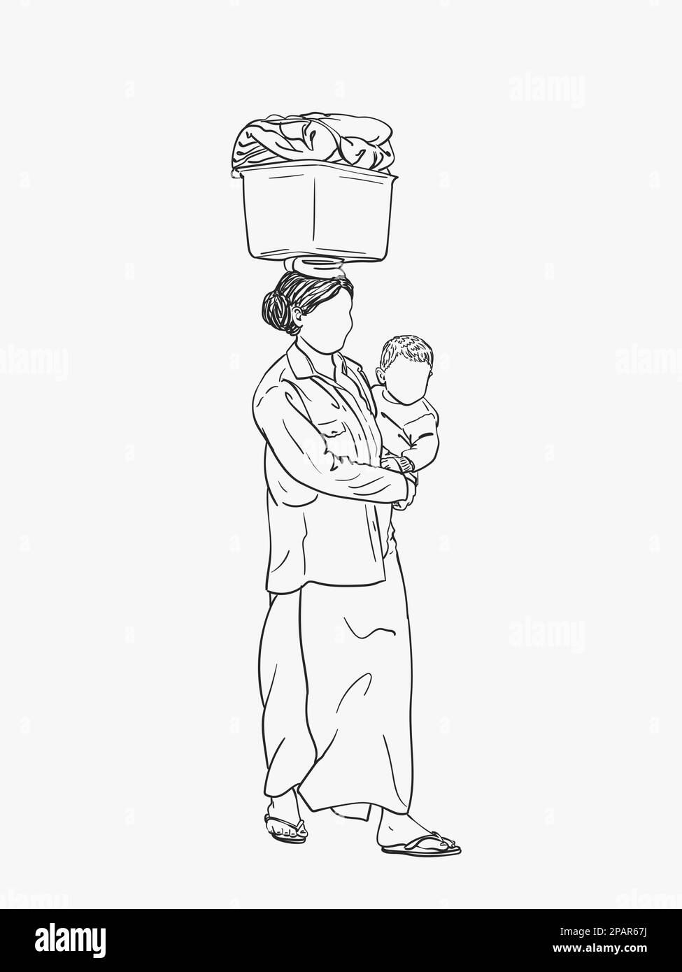 Femme birmane avec bébé dans les bras et sans visage porte une grande boîte sur sa tête, esquisse vectorielle, dessin linéaire à la main Illustration de Vecteur