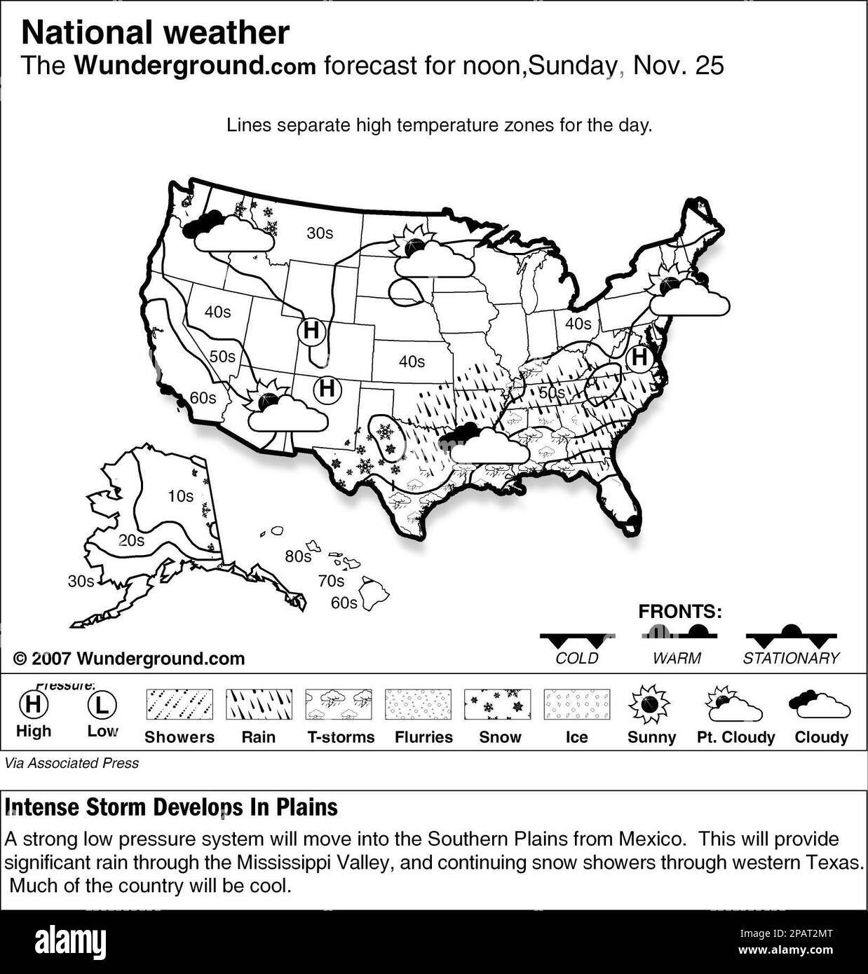 A strong low pressure system will move into the Southern Plains from Mexico Sunday Nov. 25, 2007. This will provide significant rain through the Mississippi Valley, and continuing snow showers through western Texas. Much of the country will be cool. (AP Photo/Weather Underground) Banque D'Images