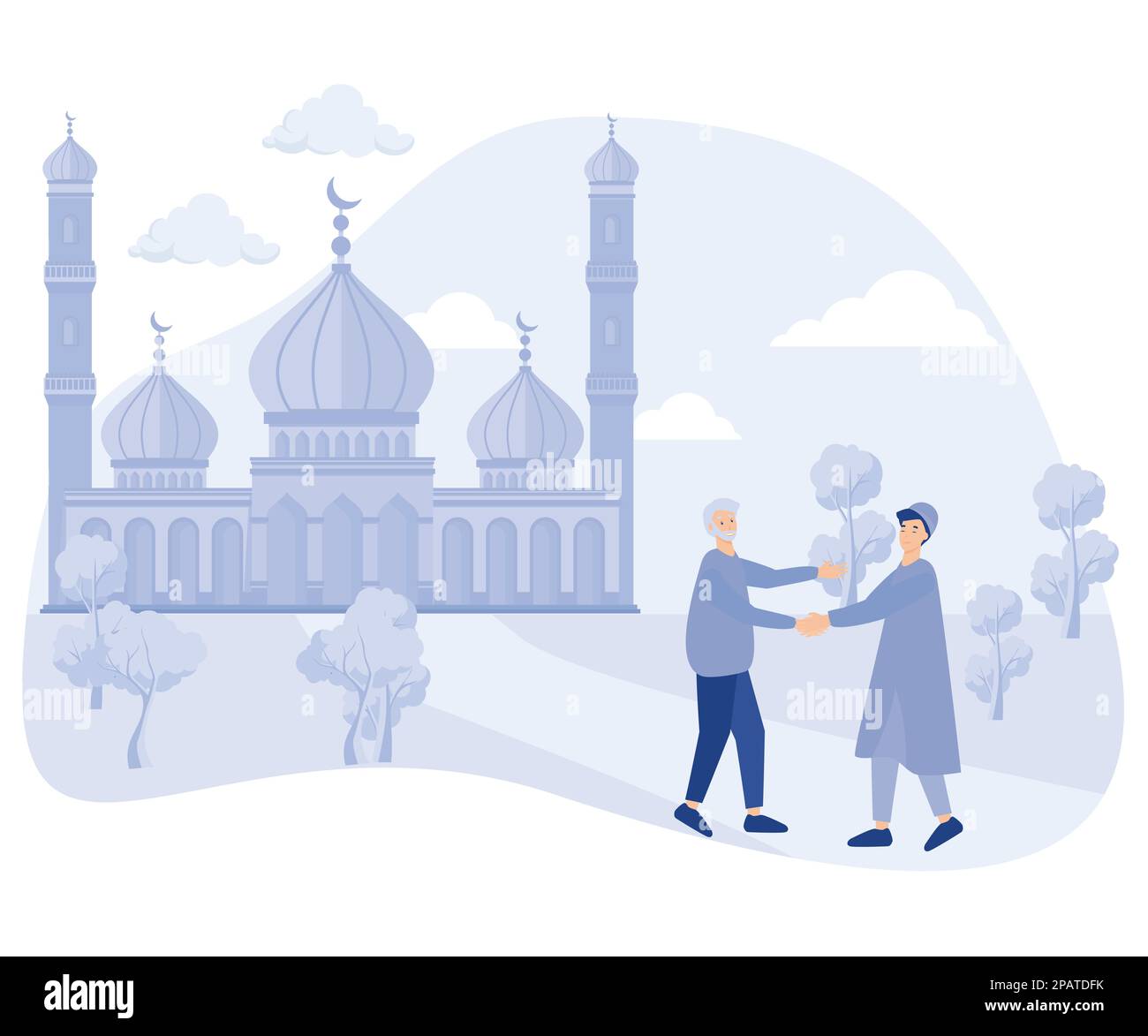 Les musulmans se rencontrent, puis se secouent et disent Assalamualaïkum dans la cour de la mosquée après Shalat, illustration moderne à vecteur plat Illustration de Vecteur