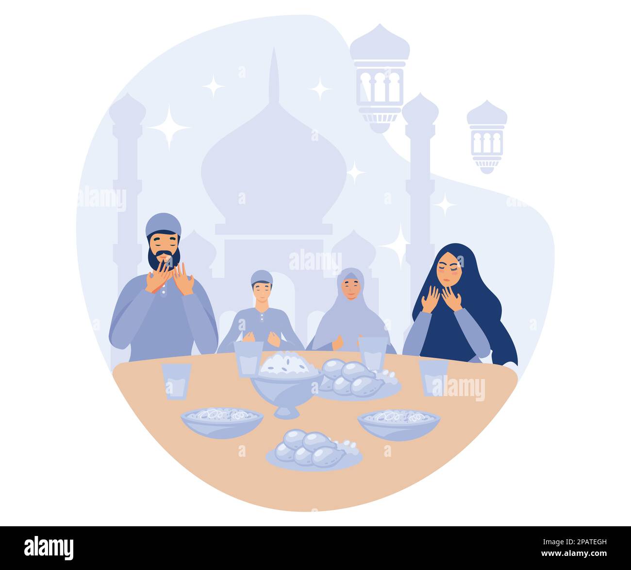 Iftar de la famille musulmane appréciant ramadan kareem mubarak ensemble dans le bonheur pendant le jeûne avec le repas, illustration moderne de vecteur plat Illustration de Vecteur
