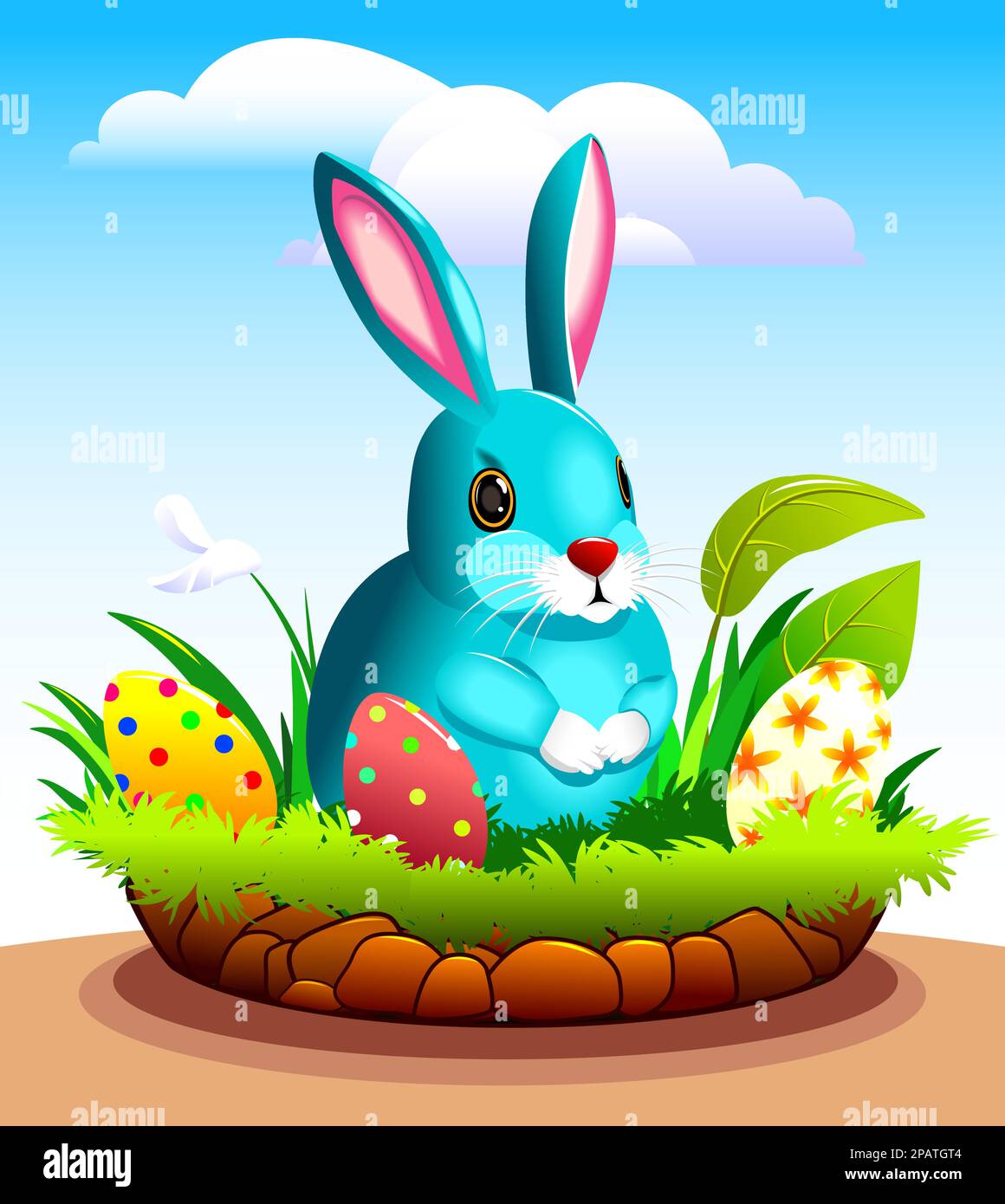 Le lapin de la bande dessinée est assis près du trou de lapin sur l'herbe parmi les oeufs de Pâques. Illustration de Vecteur