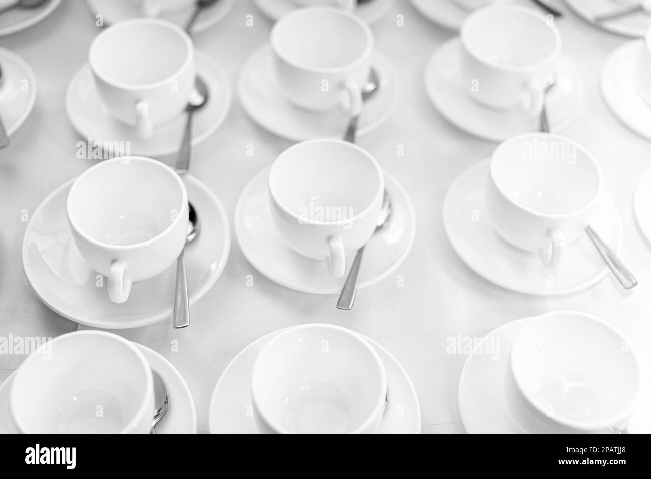 De nombreuses rangées de tasses à café ou à thé en céramique blanche. Lignes de tasses à café devant la salle de conférence. Soucoupes et soucoupes en céramique blanche disposées sur un buffet Banque D'Images