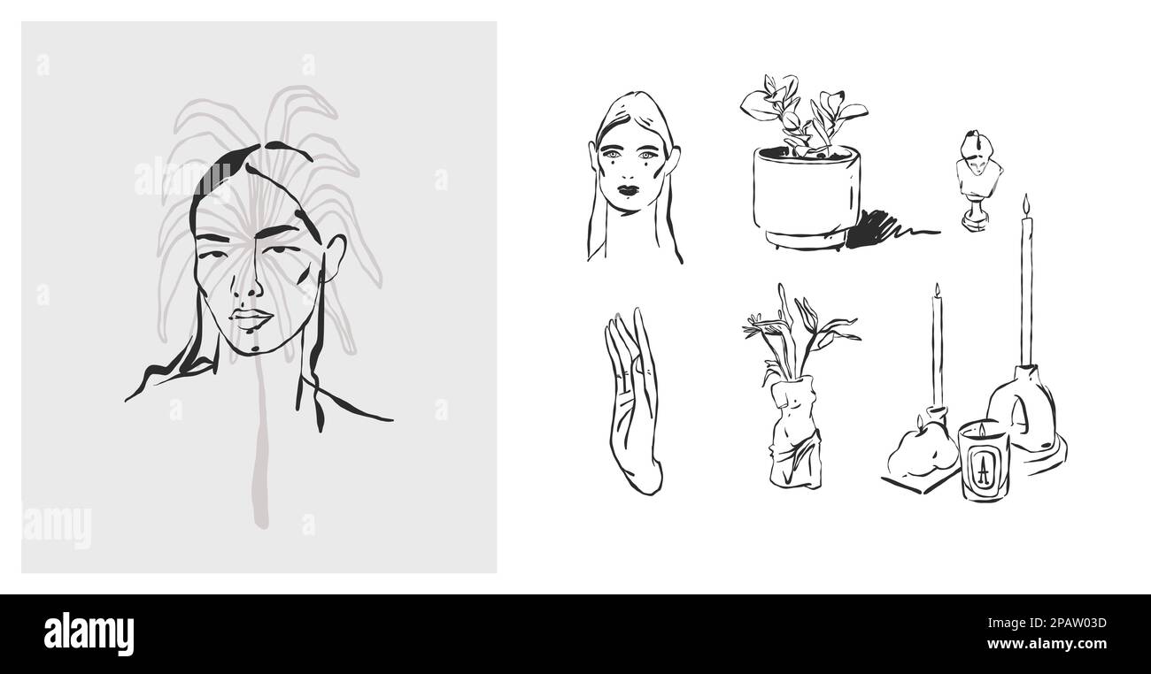 Dessin à la main vecteur abstrait ligne graphique art simple, collection contemporaine avec boho esthétique féminine. Portraits de femme.mode concept féminin Illustration de Vecteur