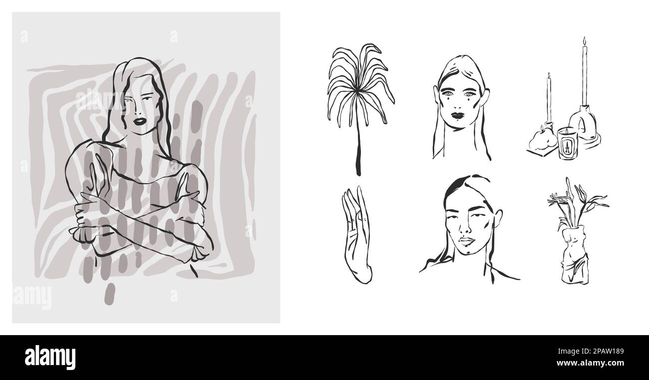 Dessin à la main vecteur abstrait ligne graphique art simple, collection contemporaine avec boho esthétique féminine. Portraits de femme.mode concept féminin Illustration de Vecteur