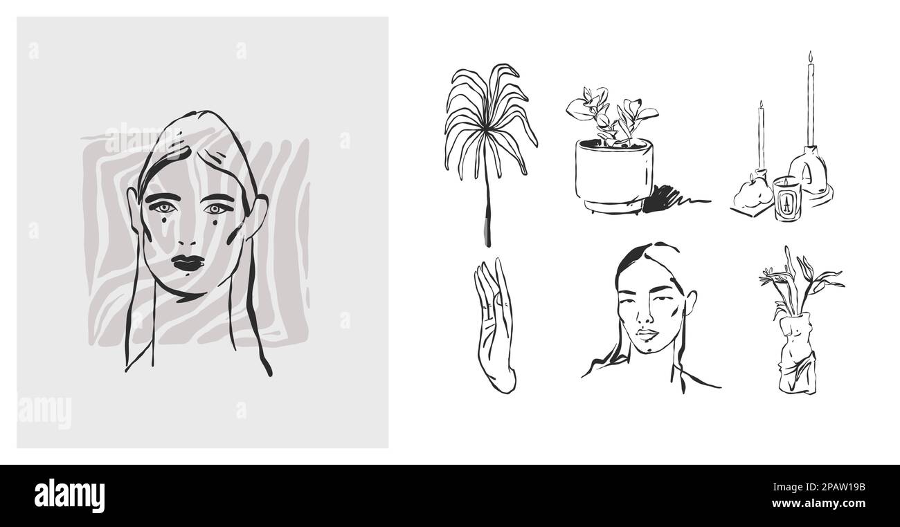 Dessin à la main vecteur abstrait ligne graphique art simple, collection contemporaine avec boho esthétique féminine. Portraits de femme.mode concept féminin Illustration de Vecteur