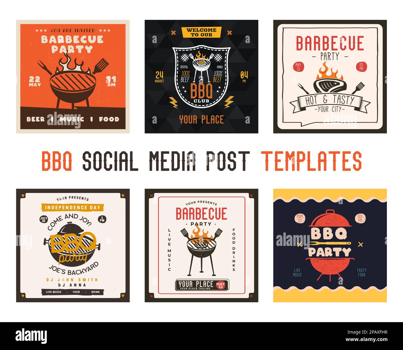 Ensemble de modèles de cartes de fête barbecue rétro. Cartes carrées pour barbecue pour marketing sur les médias sociaux. Modèles de poteaux de barbecue. Prospectus d'affiches vectorielles. Illustration de Vecteur