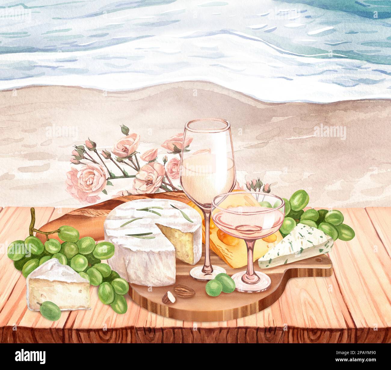 Verre à vin blanc aquarelle, raisins verts mûrs frais, fromage sur la table en bois paysage mer. Dessinez à la main l'arrière-plan avec des objets de nourriture pour pique-nique Banque D'Images