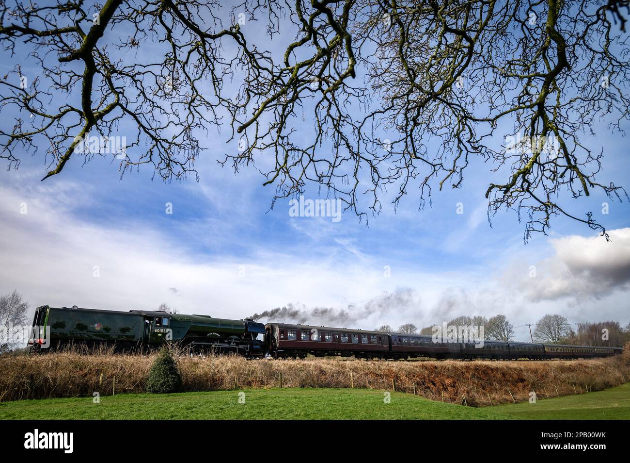 Bury, Lancashire, Royaume-Uni, Sunday 12 mars 2023. LNER classe A3 60103 “Flying Scotsman” ouvre le chemin de fer East Lancashire. saison ce week-end. Ce moteur révolutionnaire célèbre 100 ans depuis son entrée en service et, dans le cadre des festivités, elle se déplacera dans tout le pays, y compris un premier arrêt au train à vapeur à course bénévole qui traverse la vallée d'Irwell, dans le Lancashire. Elle est vue ici à la vapeur à travers le Burrs Country Park, Bury. Crédit : Paul Heyes/Alay News en direct Banque D'Images