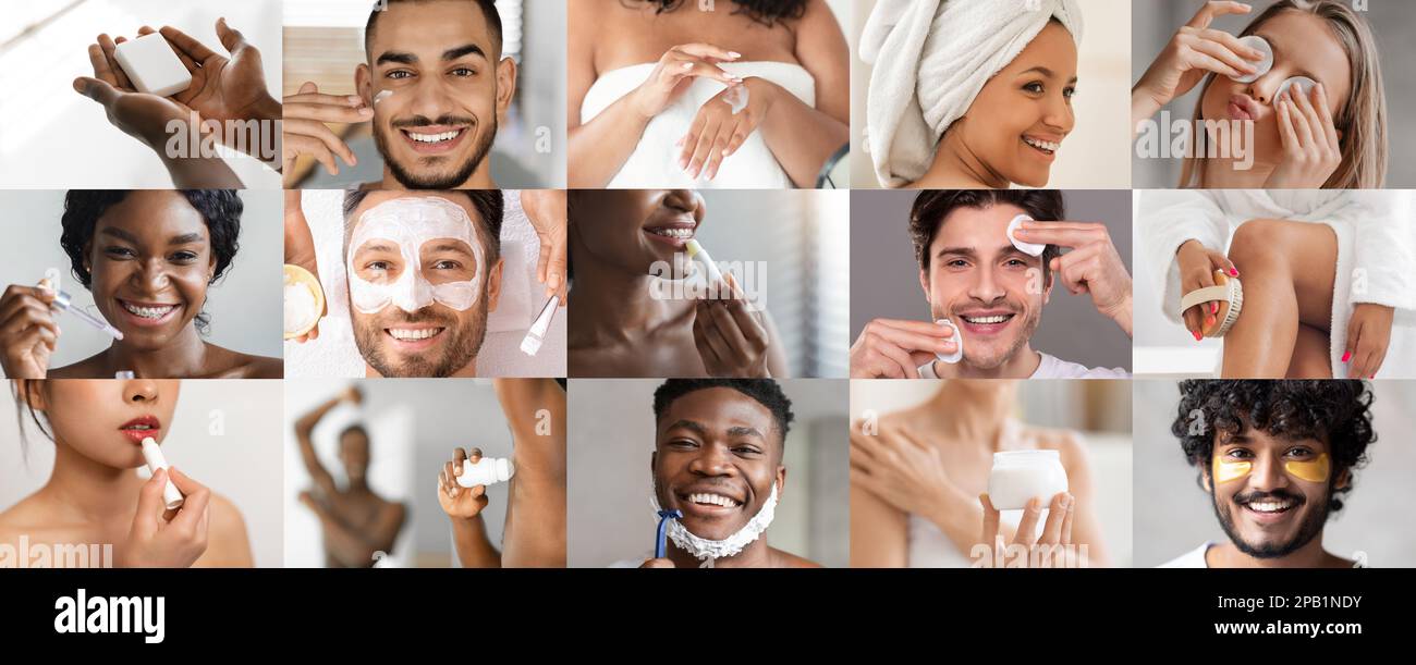 Les jeunes hommes et femmes internationaux heureux d'appliquer la crème, l'huile, le déodorant, le rasage, profiter des soins spa Banque D'Images