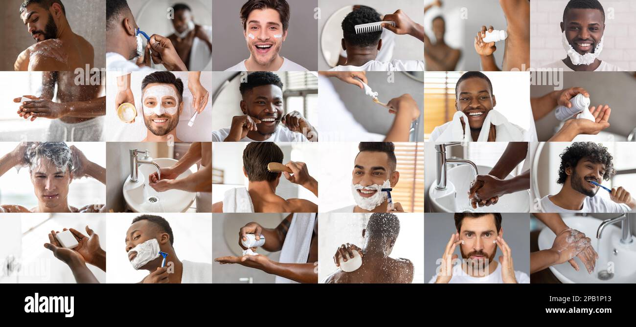 Les hommes multiethniques joyeux du millénaire se brossent les dents, appliquent de la crème et du déodorant, aiment les routines quotidiennes, se raser Banque D'Images