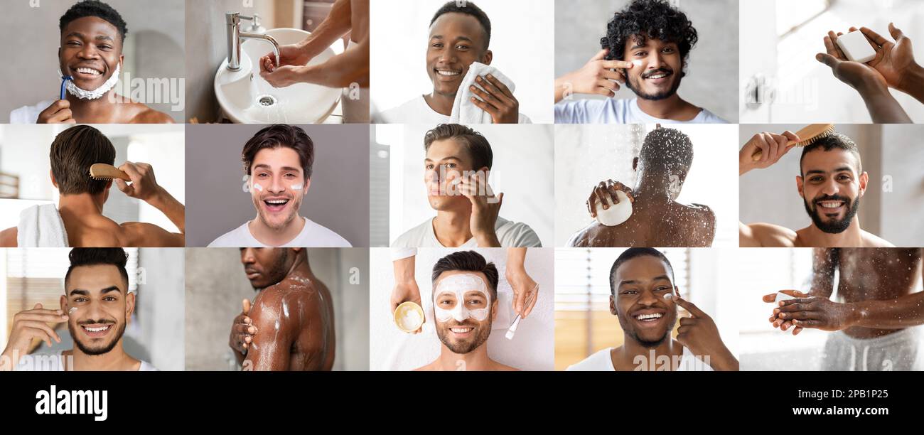 Heureux attrayant jeunes différents hommes se raser, prendre une douche, brosser les cheveux, appliquer la crème sur la peau Banque D'Images