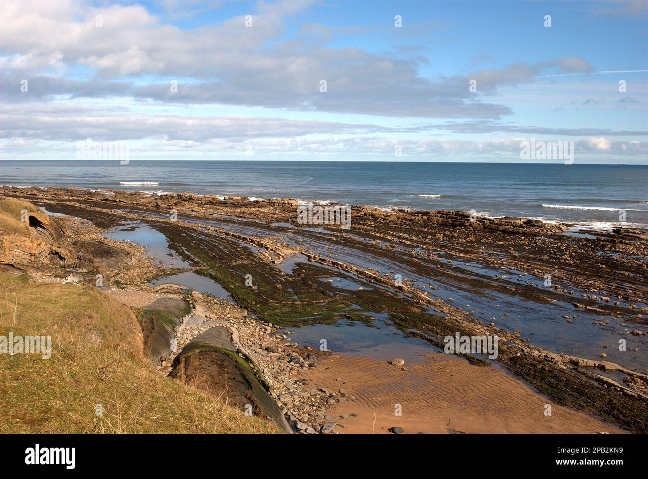Rochers sur la plage de Cocklawburn dans le Northumberland en hiver soleil Banque D'Images
