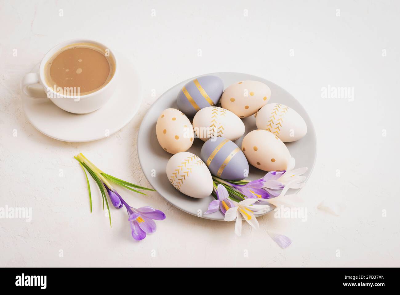 Assiette grise avec œufs de Pâques peints, tasse de café et fleurs de crocus sur fond blanc. Concept de Pâques. Vue de dessus. Banque D'Images