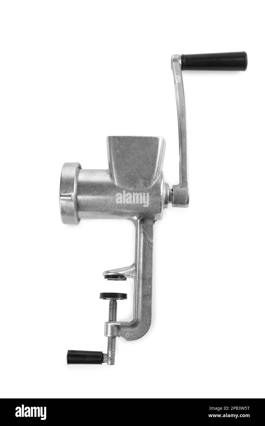 Broyeur à viande manuel en métal isolé sur blanc, vue de dessus Banque D'Images
