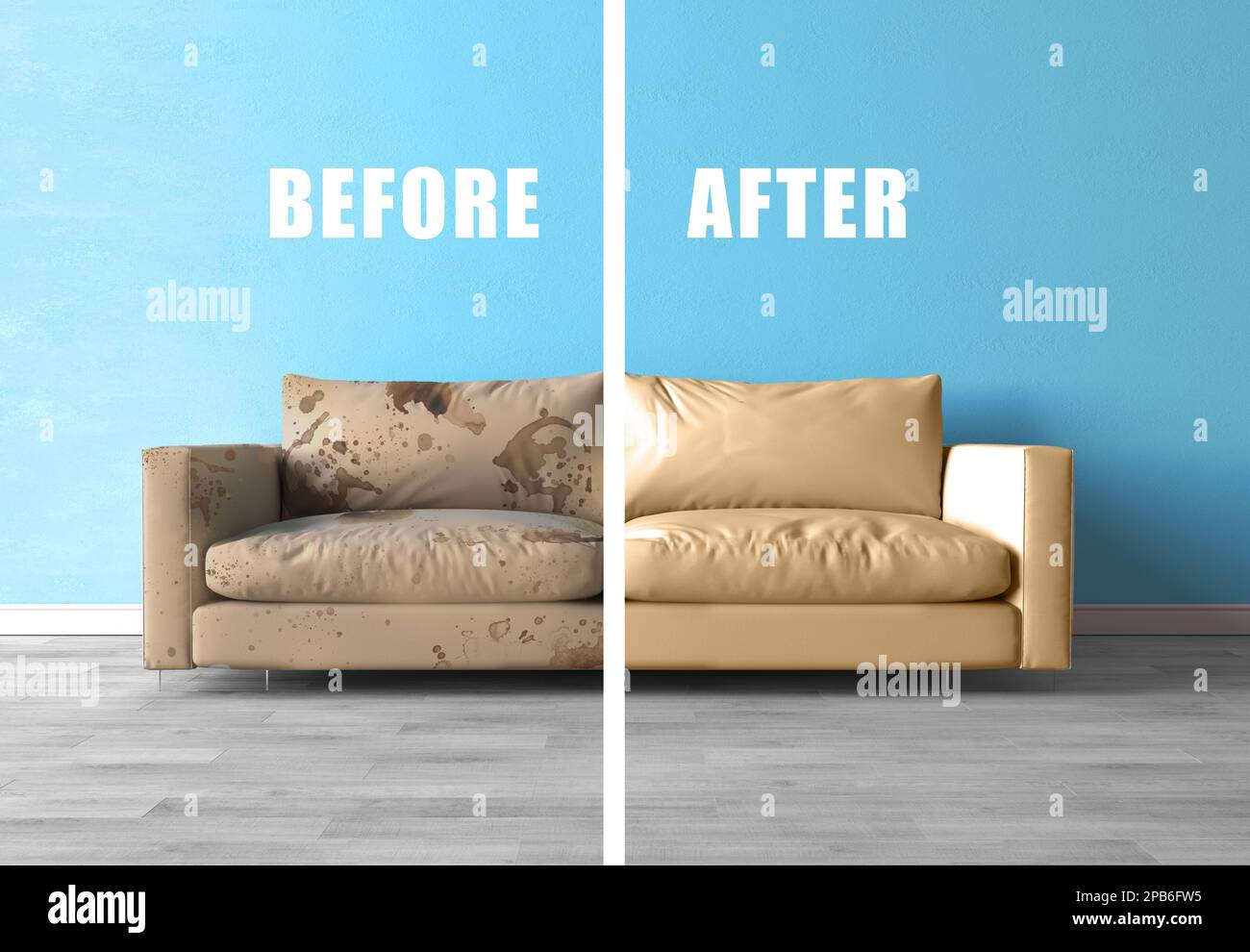 Avant et après le nettoyage du canapé. Taches de saleté bleues sur le  canapé. Canapé vue directe, moitié sale et moitié propre. Concept pour un  nettoyage à sec et plus propre Photo