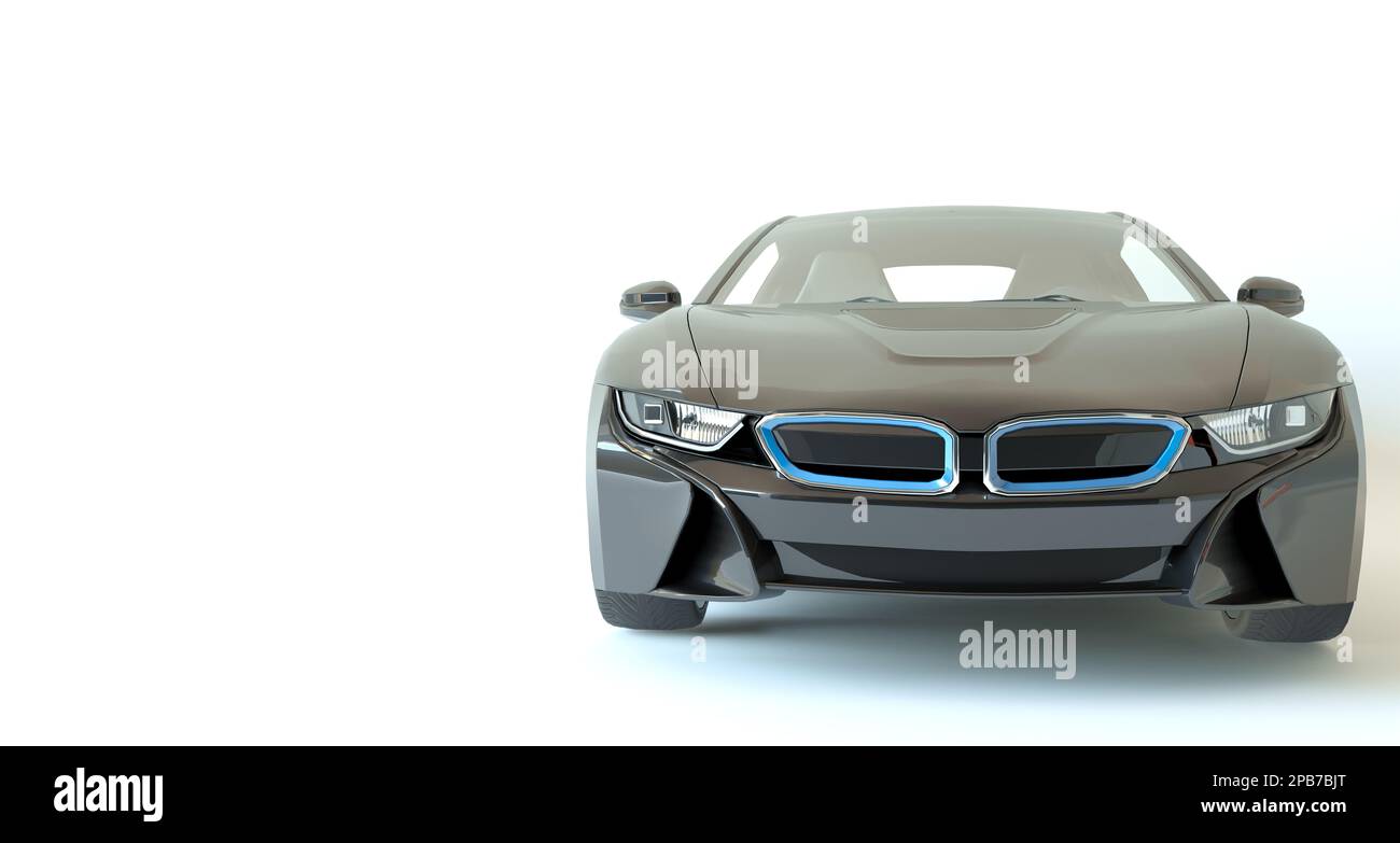 Voiture de sport sans marque. 3d illustration horizontale. Voiture en chrome noir avec éléments bleus isolés sur fond blanc. Mise à plat, espace de copie, cadre photo Banque D'Images