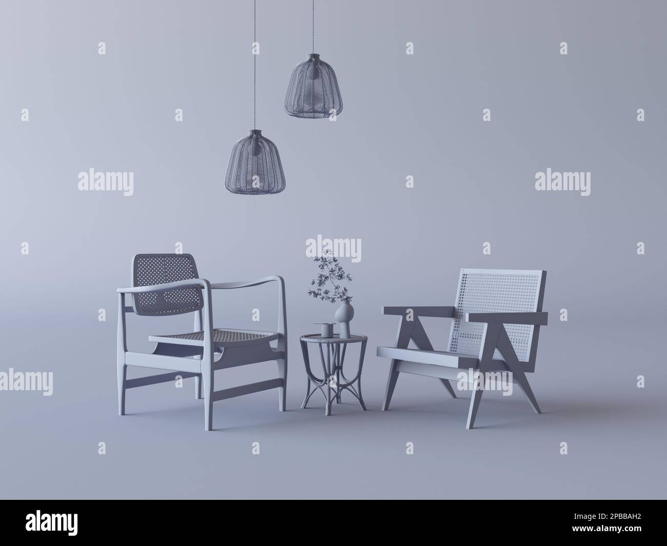 Table basse et deux fauteuils dans une chambre monochrome gris sombre. Composition couleur unique, style minimaliste. 3D rendu, cadre photo Banque D'Images