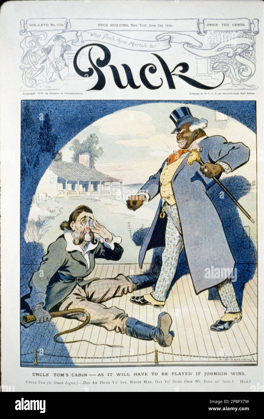 1910 , USA : MAGAZINE PUCK . Caricature politique : caricature montrant Jack Johnson comme un grand homme riche ayant frappé Simon Legree. . L'abolitionniste et romancière américaine , femme écrivain , HARRIET BEECHER STOWE ( 1811 - 1896 ) auteur du livre le plus célèbre ONCLE TOM'S CABIN ( 1852 ). - CAPANNA DELLO ZIO TOM - Uncle Tom's Cabin - SCRITTORE - LETTERATO - LETTERATURA - LITTÉRATURE - GUERRE CIVILE - GUERRA DI SECESSIONE - GUCIILE AMERICANA - ABBOLIZIONISTA SCHIAVISMO - caricatura - copertina - satira - POLITICA - GBB- Archivio- Banque D'Images