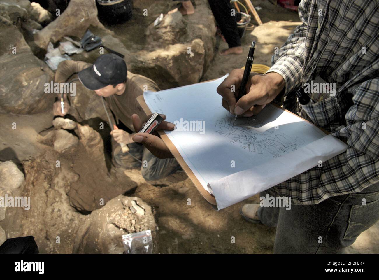 Le paléontologue Iwan Kurniawan dessine un croquis sur papier qui montre l'emplacement des os fossilisés d'Elephas hysudrindicatus, une espèce d'éléphant éteinte qui vit pendant l'époque du Pléistocène, plus tard connue sous le nom d'éléphant de Blora Comme son équipe travaille en arrière-plan sur le site d'excavation de Sunggun, Mendalem, Kradenan, Blora, Central Java, Indonésie. L'équipe de recherche sur les vertébrés (Agence géologique, Ministère indonésien de l'énergie et des ressources minérales) dirigée par Kurniawan lui-même avec Fachroel Aziz a découvert les os de l'espèce presque entièrement (environ 90 pour cent terminé) que plus tard... Banque D'Images