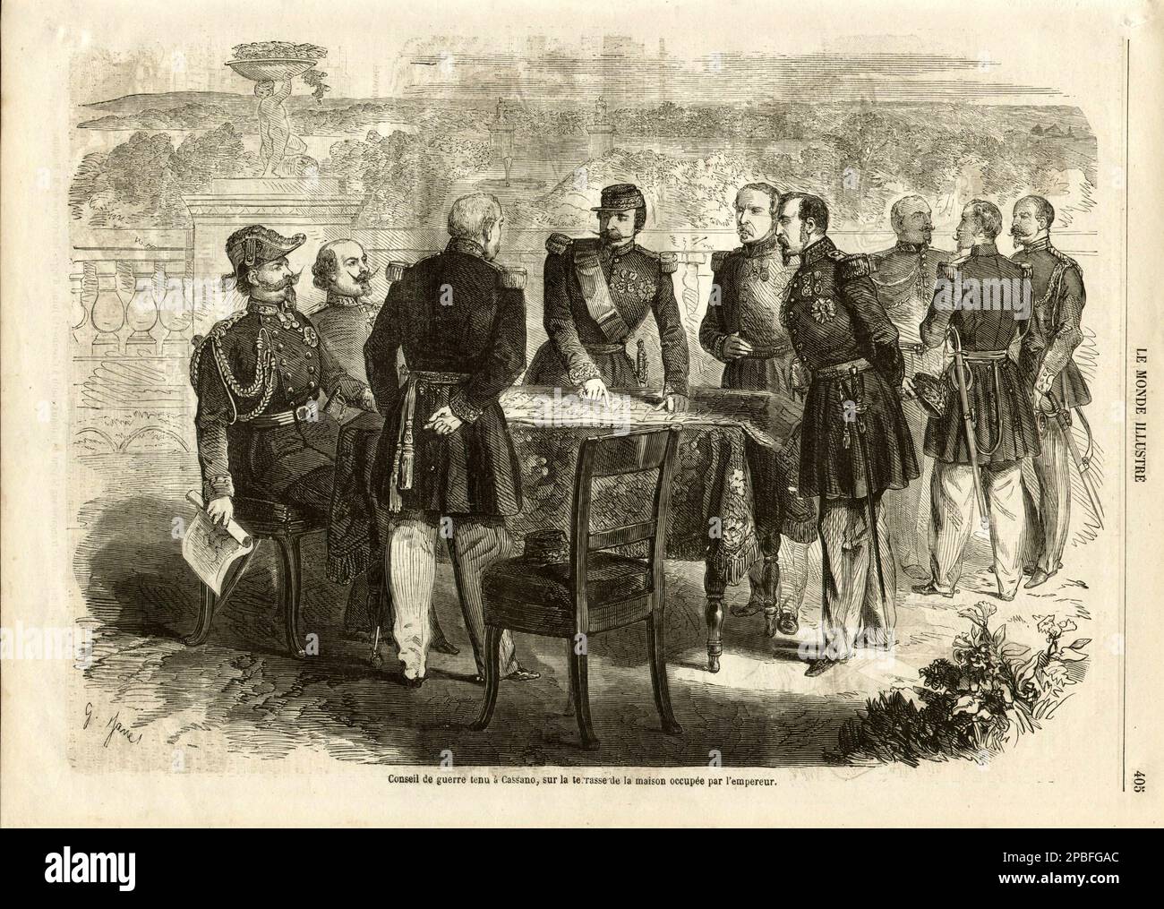 1859 , Cassano d'Adda , MILAN , ITALIE : l'empereur français NAPOLÉON III ( Paris 1808 - Chislehurst 1873 ) avec le général MAC-MAHON rencontrez le roi italien VITTORIO EMANUELE II di SAVOIA à la Villa Brabilla . Imprimé du magazine français LE MONDE ILLUSTRE' - REALI - royalties - nobili - Nobiltà - Napoleone III - imperatore - bachigi - moustache - ritratto - bachigi - moustache - barbe - barba - RISORGIMENTO - uniforme militaire - divisa uniforme militare - Savoy - Mac Mahon - MacMahon - rencontre - guerre - guerra --- Archivio GBB Banque D'Images