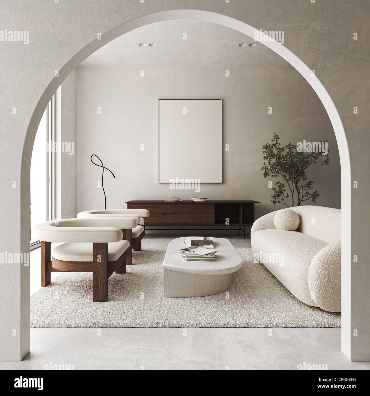Intérieur de salon blanc avec arche, canapé, chaises et table basse. Décoration commode en bois sombre. Mur maquette et arbre vert. 3d rendu. Élevée Banque D'Images
