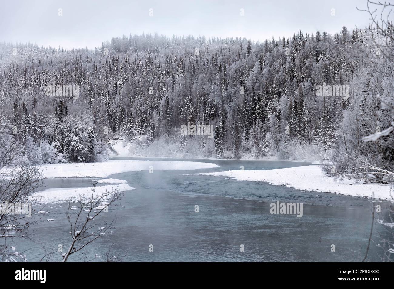 Rivière Alaska en hiver lorsque la vapeur s'élève le long du chenal forestier Banque D'Images