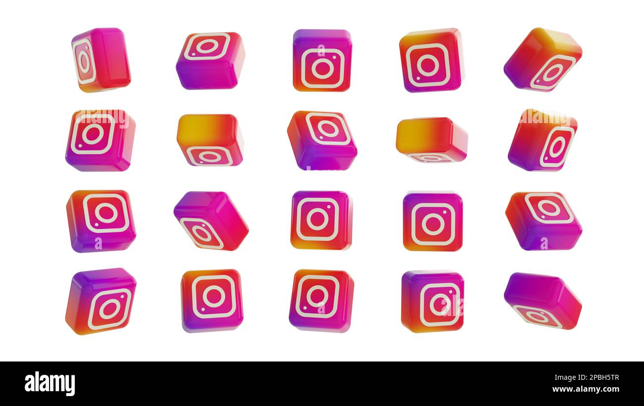 Ensemble de 3D logos Instagram rendus sous différents angles isolés sur fond blanc Banque D'Images