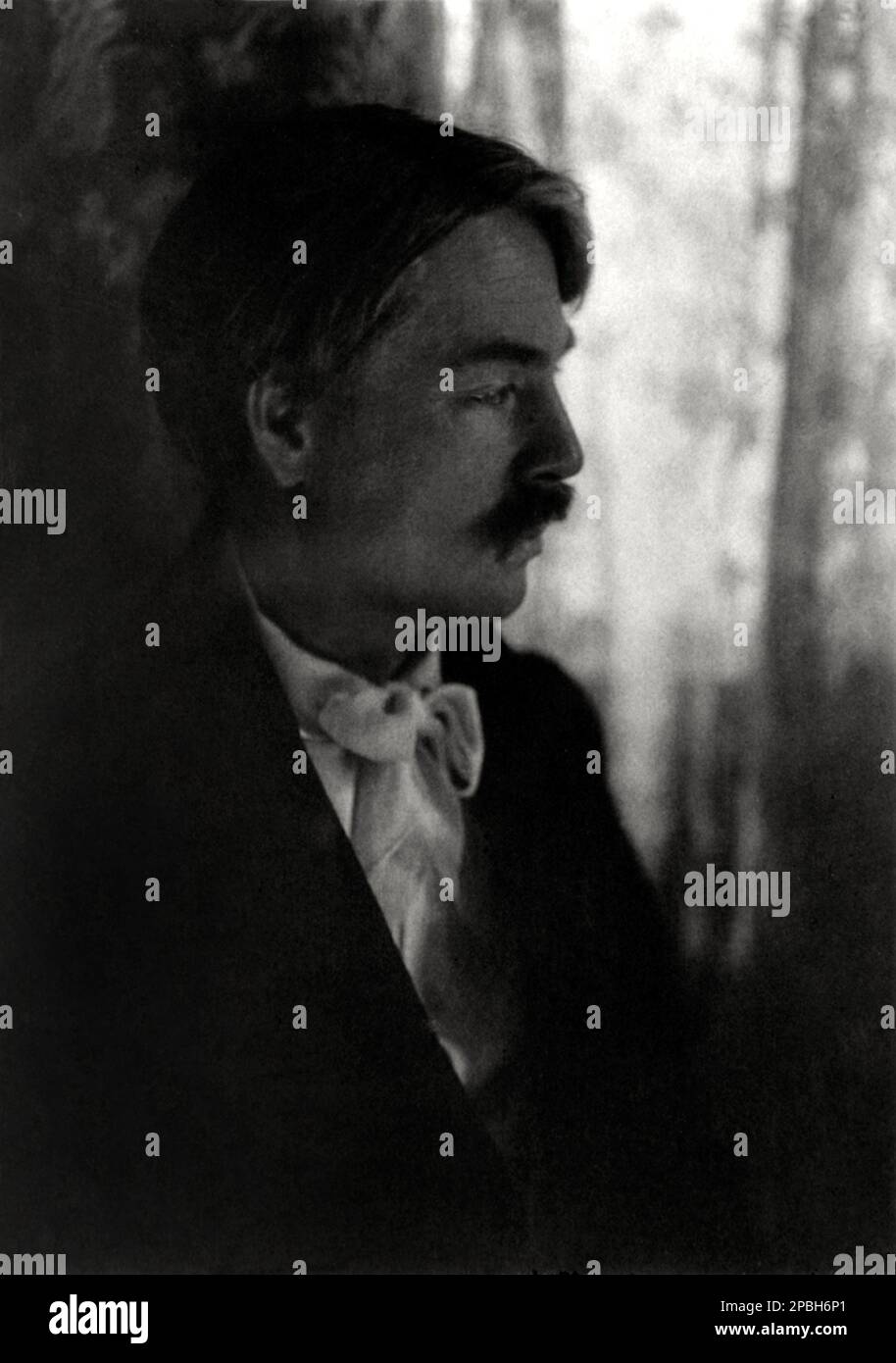 1906 : Edward Alexander MacDowell ( New York, 1860 - 1908 ) , photo d'Estelle Huntington Huggins (née en 1870) . MacDowell était un compositeur et pianiste américain de la période romantique, plus connu pour son second concerto pour piano et ses suites pour piano « Woodland Sketches », « ea Pieces » et « New England Idyllls ». 'Woodland Sketches' comprend son petit morceau le plus populaire, 'to a Wild Rose' - COMPOSIORE - OPERA LIRICA - CLASSICA - CLASSIQUE - PORTRAIT - RITRATTO - USA - profilo - profil - fiocco - noeud papillon - Cravatta - bachigi - moustache - MUSICA - MUSIQUE --- ARCHIVIO GBB Banque D'Images