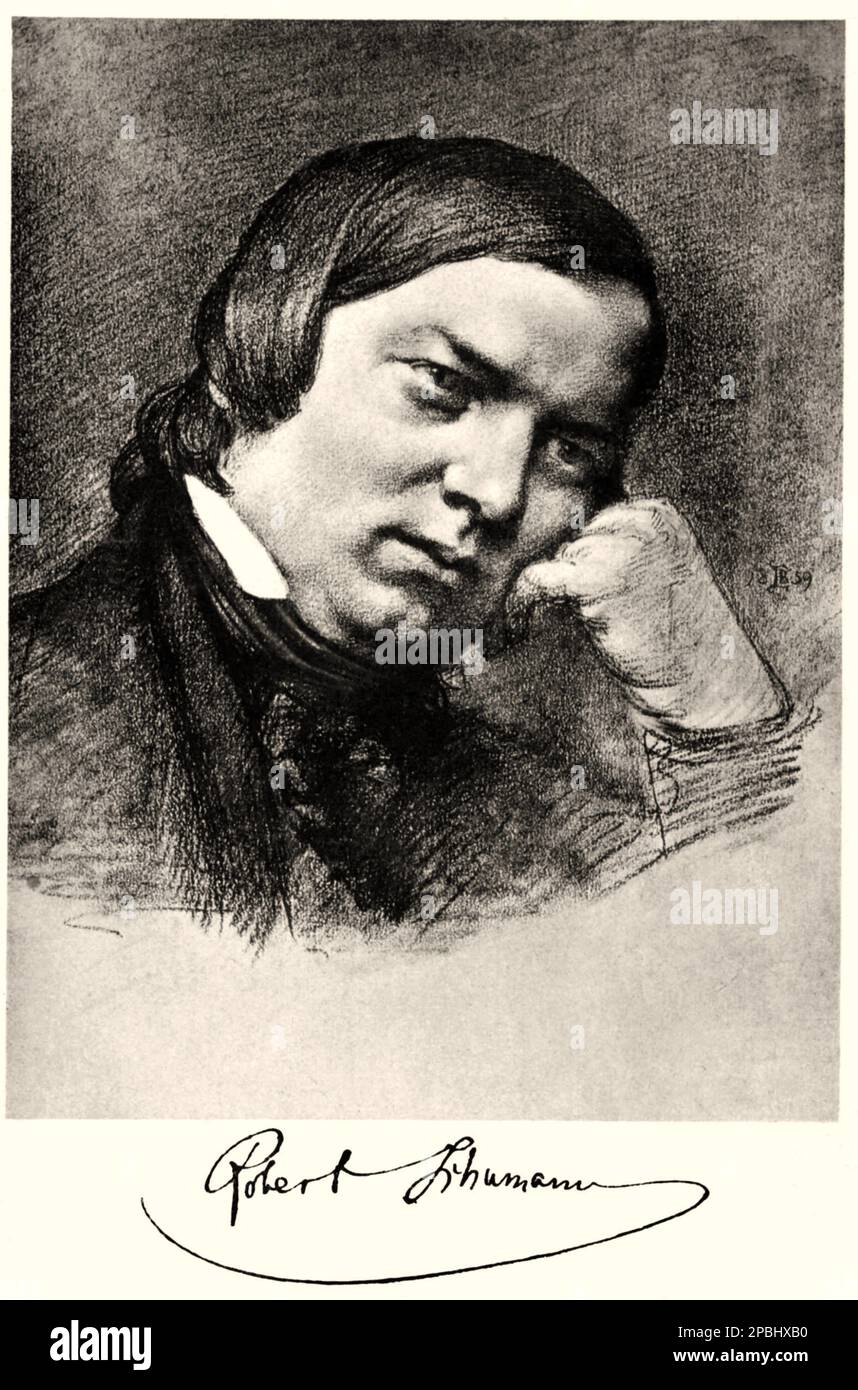 1854 : le célèbre compositeur ALLEMAND ROBERT SCHUMANN ( 1810 - 1856 ) , ami de Johannes Brahms - MUSICA CLASSICA - CLASSIQUE - COMPOSIORE - MUSICISTA - portrait - ritratto - gravure - penseur - pensatore - autografo - autographe - signature - firma - incisione --- ARCHIVIO GBB Banque D'Images
