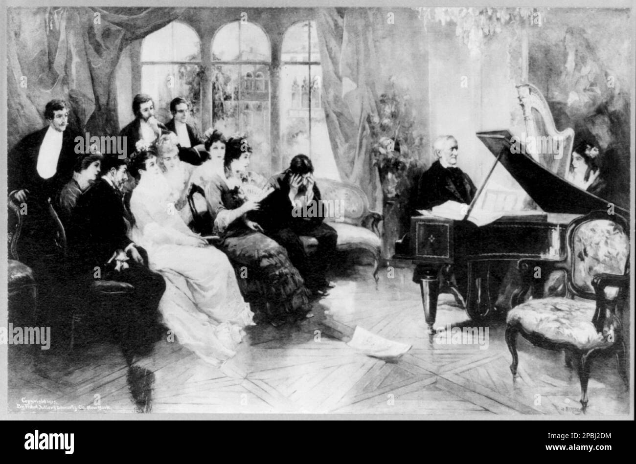 1915 ca : le compositeur de musique allemand RICHARD WAGNER ( 1813- 1883 ) , assis au piano, face à droite; jouant PARSIFAL pour 9 hommes et femmes . Reproduction de la peinture par V. de Paredes - MUSIQUE - CLASSIQUE - MUSICA CLASSICA - LIRICA - OPERA - compositore - musicista - portrait - ritratto - COMPOSITORE - OPERA LIRICA - MUSICISTA - piano - pianoforte - concerto - - - -- --- ARCHIVIO GBB Banque D'Images