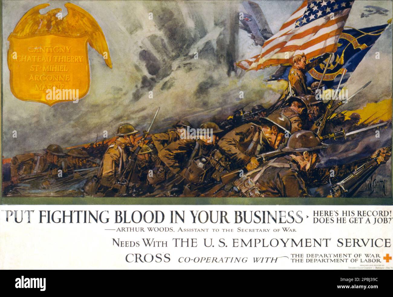 1917 CA , Etats-Unis : Croix-Rouge américaine - 'mettez du sang de combat dans vos affaires Voici son record! A-t-il un emploi ? » Arthur Woods, adjoint du secrétaire de la guerre . ÉTATS-UNIS Affiche de la Croix-Rouge américaine du Service de l'emploi montrant les États-Unis Marines engagé dans la bataille en France ; montre également un badge énumérant les batailles dans lesquelles les Marines ont combattu. L'affiche fait la promotion des anciens combattants pour l'emploi. Affiche de l'artiste peintre Dan Smith ( 1865 - 1934 ) - CROCE ROSSA - ferito - béni - GUERRE MONDIALE I - WWI - PRIMA GUERRA MONDIALE - Grande Guerra - Grande Guerre - Foto storiche storica - locadina - affiche - gravure - Banque D'Images