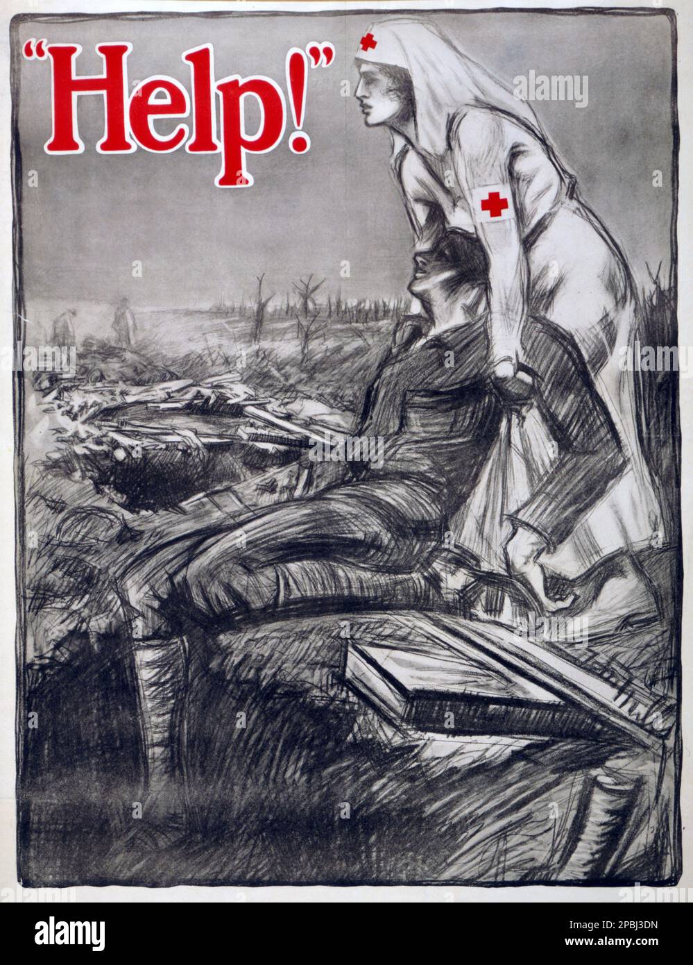 1917 , Etats-Unis : Croix-Rouge américaine - 'aide!'. Affiche de recrutement de la Croix-Rouge montrant une infirmière de la Croix-Rouge tirant un soldat blessé du champ de bataille - CROCE ROSSA - ferito - béni - GUERRE MONDIALE I - WWI - PRIMA GUERRA MONDIALE - Grande Guerra - Grande Guerre - Foto storiche storica - locadina - affiche - gravure - Incisione - illustration - illustrazione - PHOTOS D'HISTOIRE - manifeste - AFFICHE - crocerossina - infirmières ---- Archivio GBB Banque D'Images