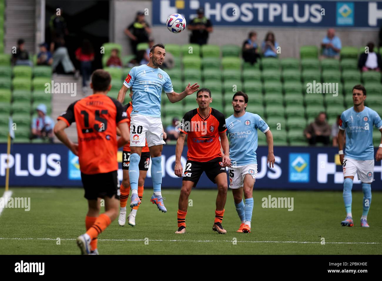 Melbourne, Australie, 12 mars 2023. Florin Berenguer-Bohrer, du Melbourne City FC, dirige le ballon lors du match De football masculin A-League entre Melbourne City et Brisbane Roar à l'AAMI Park on 12 mars 2022 à Melbourne, en Australie. Crédit : Dave Helison/Alamy Live News Banque D'Images