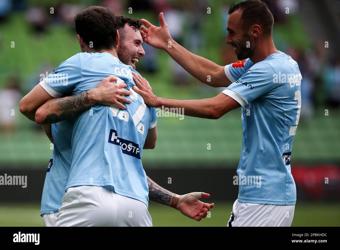 Melbourne, Australie, 12 mars 2023. Aiden O'Neill du Melbourne City FC célèbre un but lors du match De football masculin A-League entre Melbourne City et Brisbane Roar à l'AAMI Park on 12 mars 2022 à Melbourne, en Australie. Crédit : Dave Helison/Alamy Live News Banque D'Images