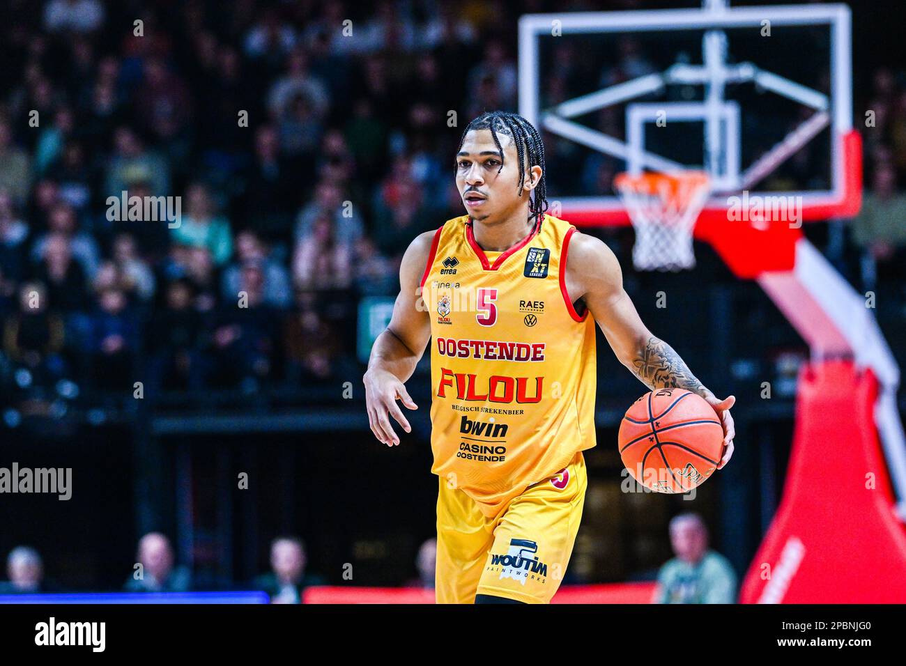 Belgique . 12/03/2023, Breein Tiree d'Ostende photographié lors d'un match de basket-ball entre Anvers Giants et BC Filou Oostende dans la finale de la coupe belge , le dimanche 12 mars 2023 à Vorst National , Belgique . PHOTO SPORTPIX | STIJN AUDOOREN Credit: Sportpix/Alay Live News Banque D'Images