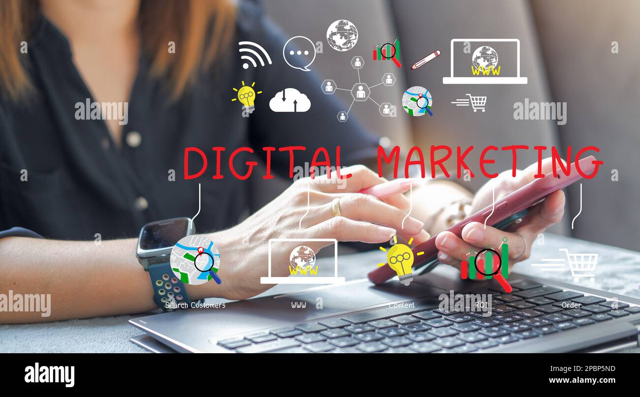 Concept de matériel de marketing numérique Annoncez votre site Web, email, réseau social, SEO, vidéo, Application mobile avec icônes et analyse du retour sur investissement et de la stratégie. Banque D'Images