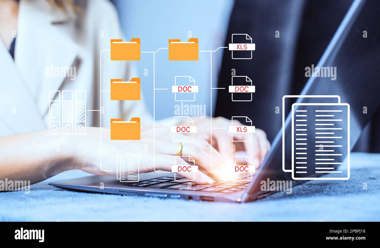 Concept : système de gestion de documents , logiciel d'icônes de dossiers et de documents, recherche et gestion de fichiers base de données de documents en ligne, pour archivi efficace Banque D'Images