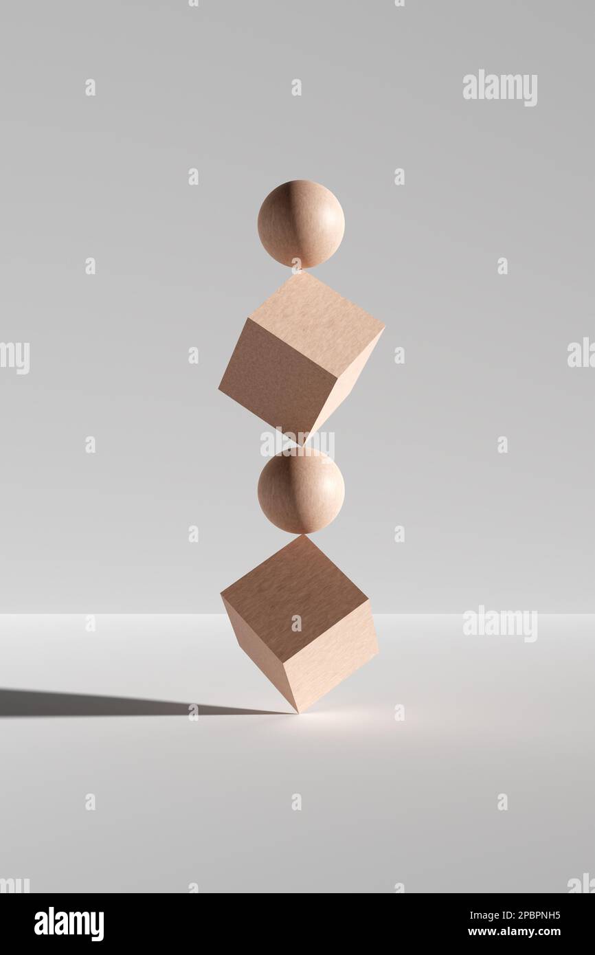 Cubes en bois et sphères en équilibre sur fond blanc. Abstrait un minimum d'art avec des formes géométriques. 3d rendu. Banque D'Images