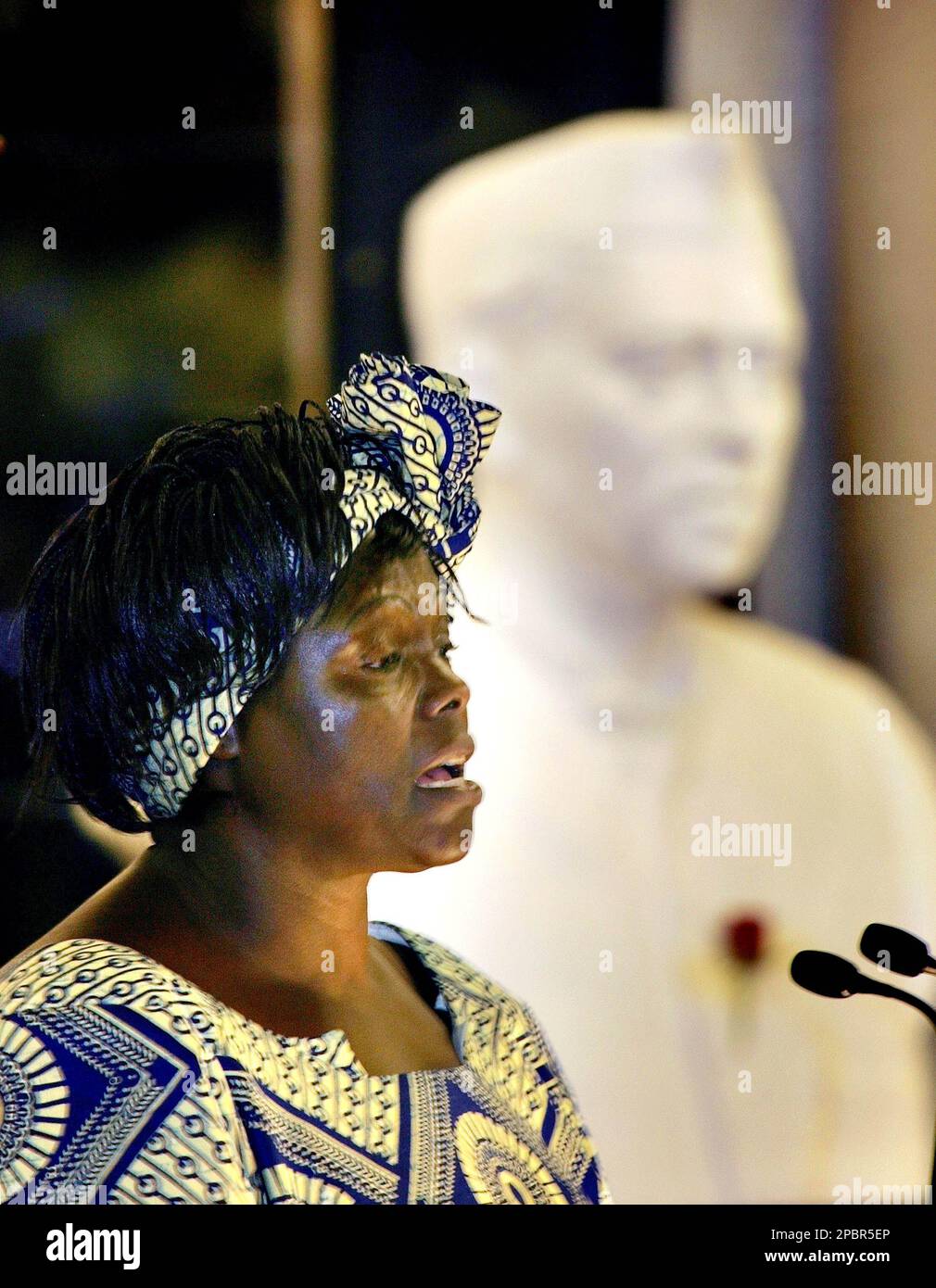 Kenyan Wangari Muta Maathai speaks after she received the Jawaharlal