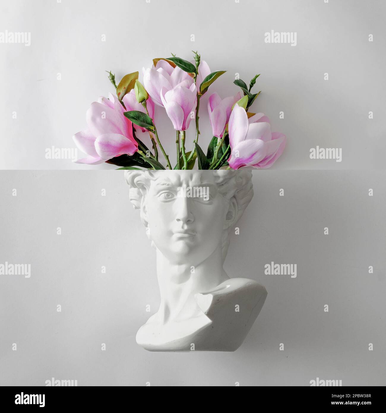 Le buste de la statue de David de Michel-Ange et un bouquet de fleurs comme un cerveau. Concept ludique minimal de cadeau de printemps, de créativité et d'art. Photo de haute qualité Banque D'Images