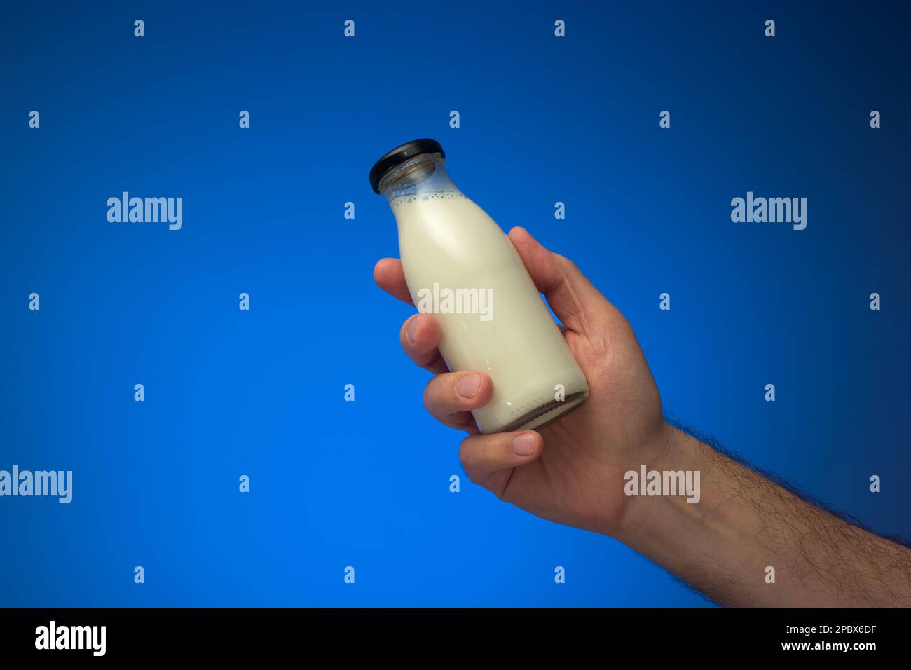 Petite bouteille de lait en verre avec bouchon tenu à la main par un homme caucasien. Gros plan en studio, isolé sur fond bleu. Banque D'Images
