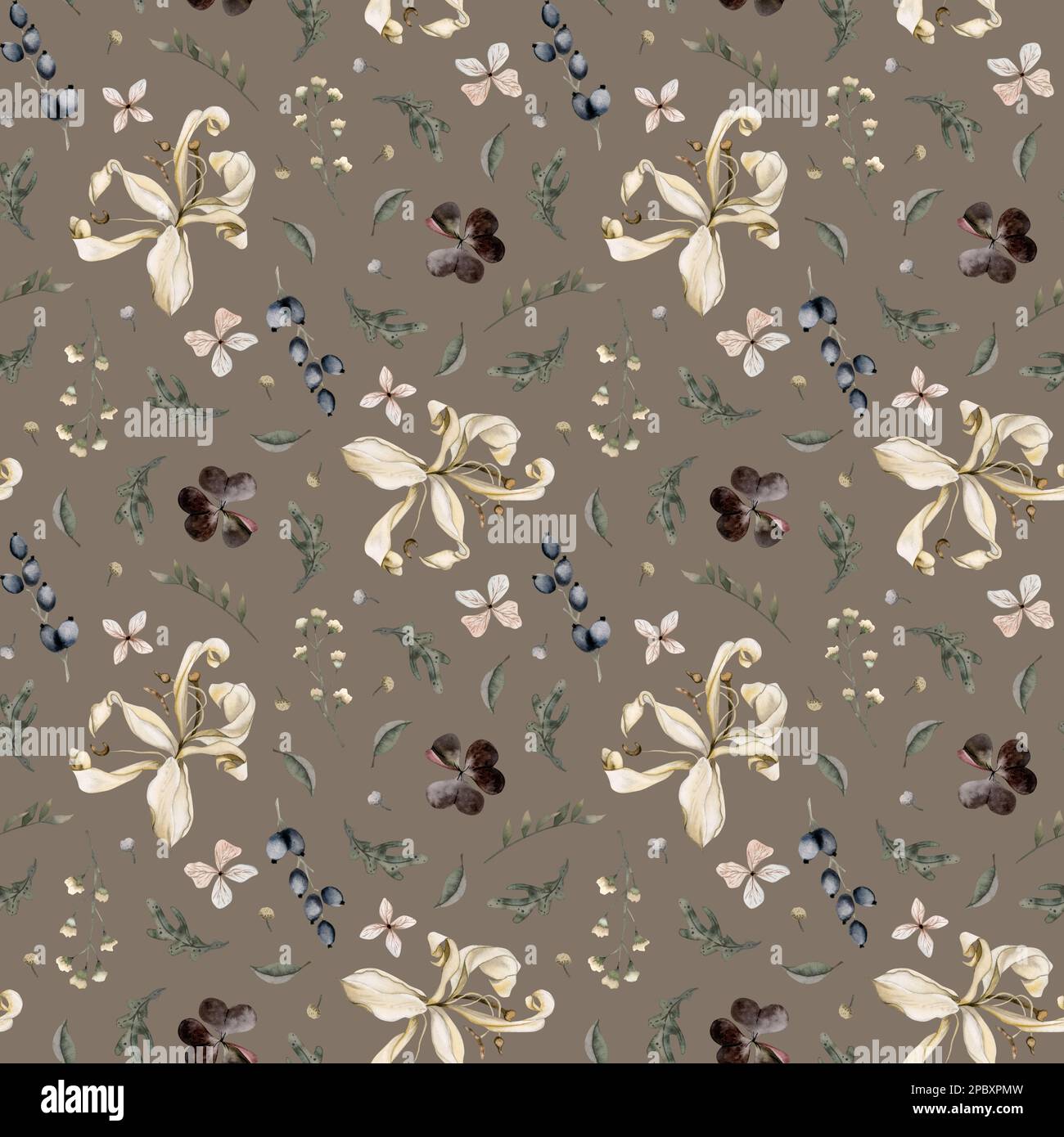 Motif beige sans couture beige aquarelle avec fleurs de nénuphars sèches. Résumé fond floral de plantes, fleurs, baies, feuilles Banque D'Images