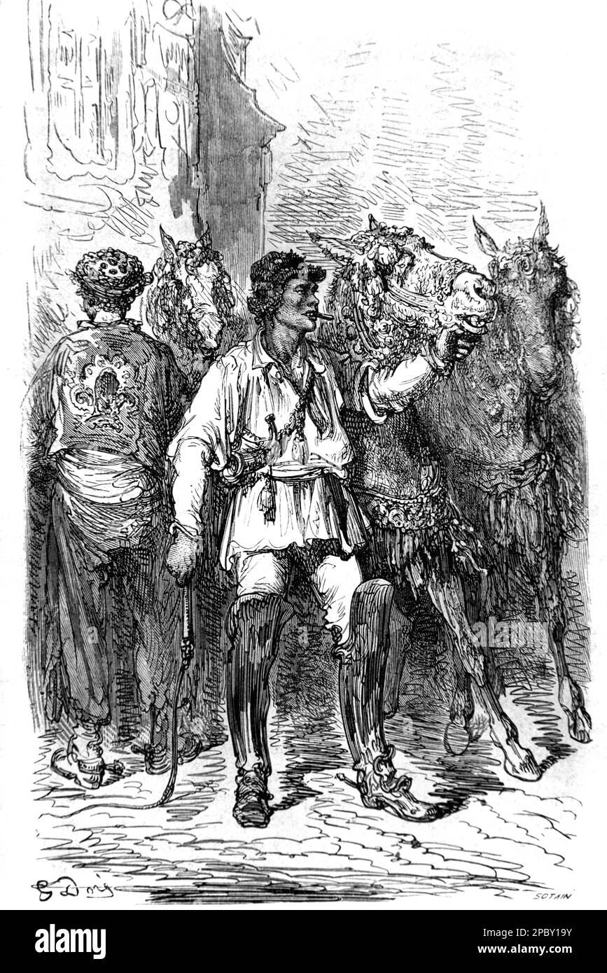 Espagnol Postillon, Postilion, Jockey ou Horserider et chevaux Espagne. Gravure ou illustration vintage ou historique 1862 Banque D'Images