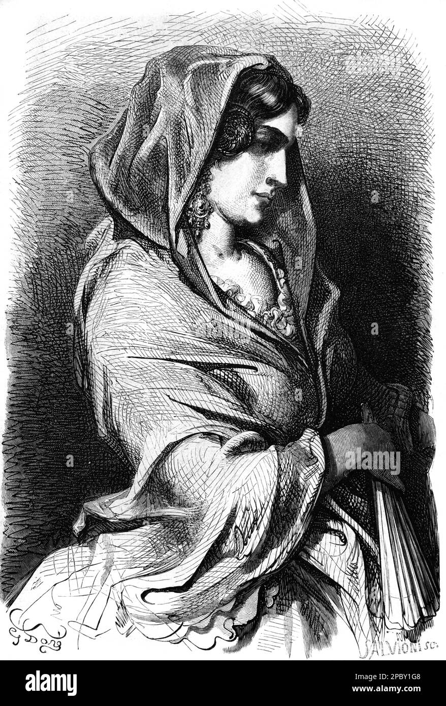 Portrait de la jeune femme espagnole de Valence Espagne. Gravure ou illustration vintage ou historique par Gustave doré.1862 Banque D'Images
