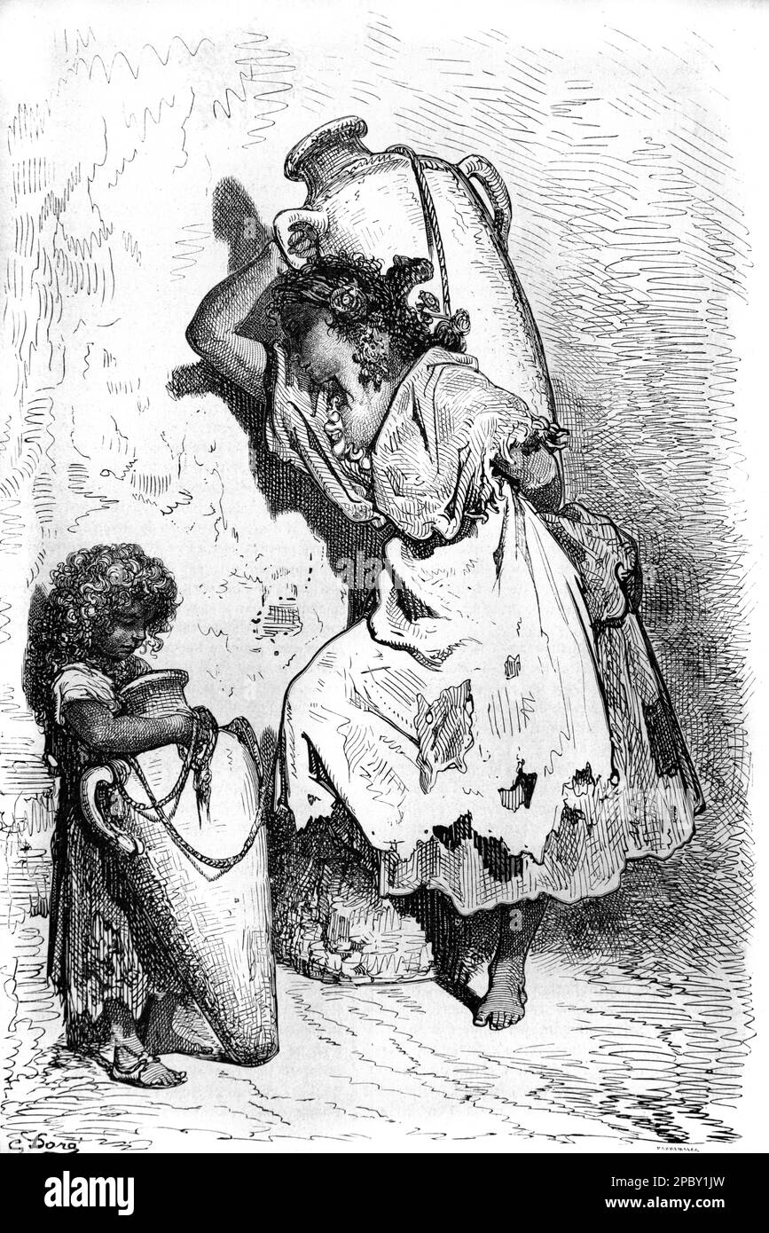 Pauvre mère et fille à la recherche de l'eau à Amphoras, amphores ou les pots d'eau Valence Espagne. Gravure ou illustration vintage ou historique 1862 Banque D'Images