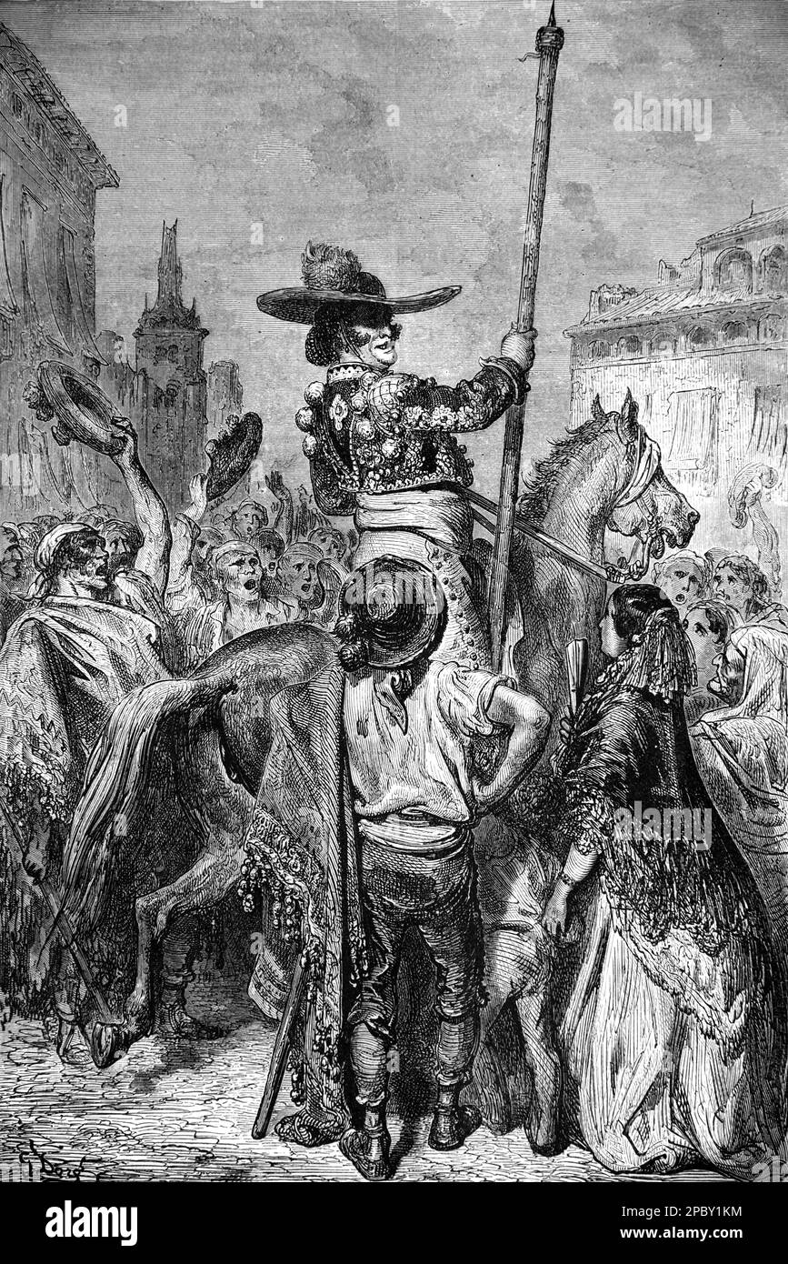 Picador ou Bullfighter à cheval dans le style espagnol de corrida ou en Espagne. Gravure ou illustration vintage ou historique par Gustave doré 1862 Banque D'Images