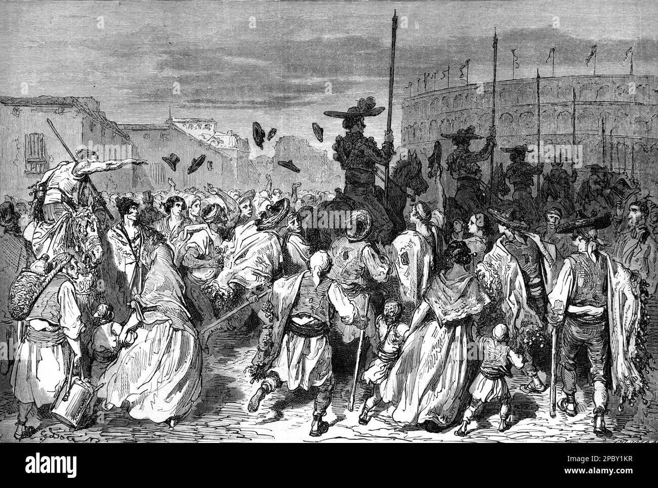 Crown enthousiaste et l'arrivée de Picadors ou de torériers montés à cheval dans un Bullring en Espagne. Gravure ou illustration vintage ou historique par Gustave doré 1862 Banque D'Images
