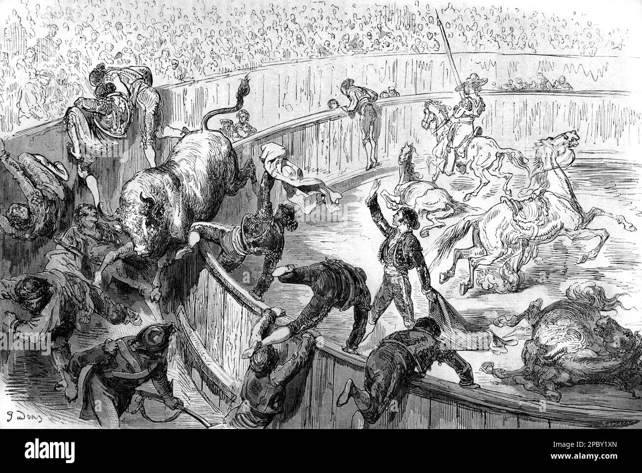 Un taureau traverse la barrière lors d'un taureau espagnol ou de Corrida Espagne. Gravure ou illustration vintage ou historique par Gustave doré 1862 Banque D'Images